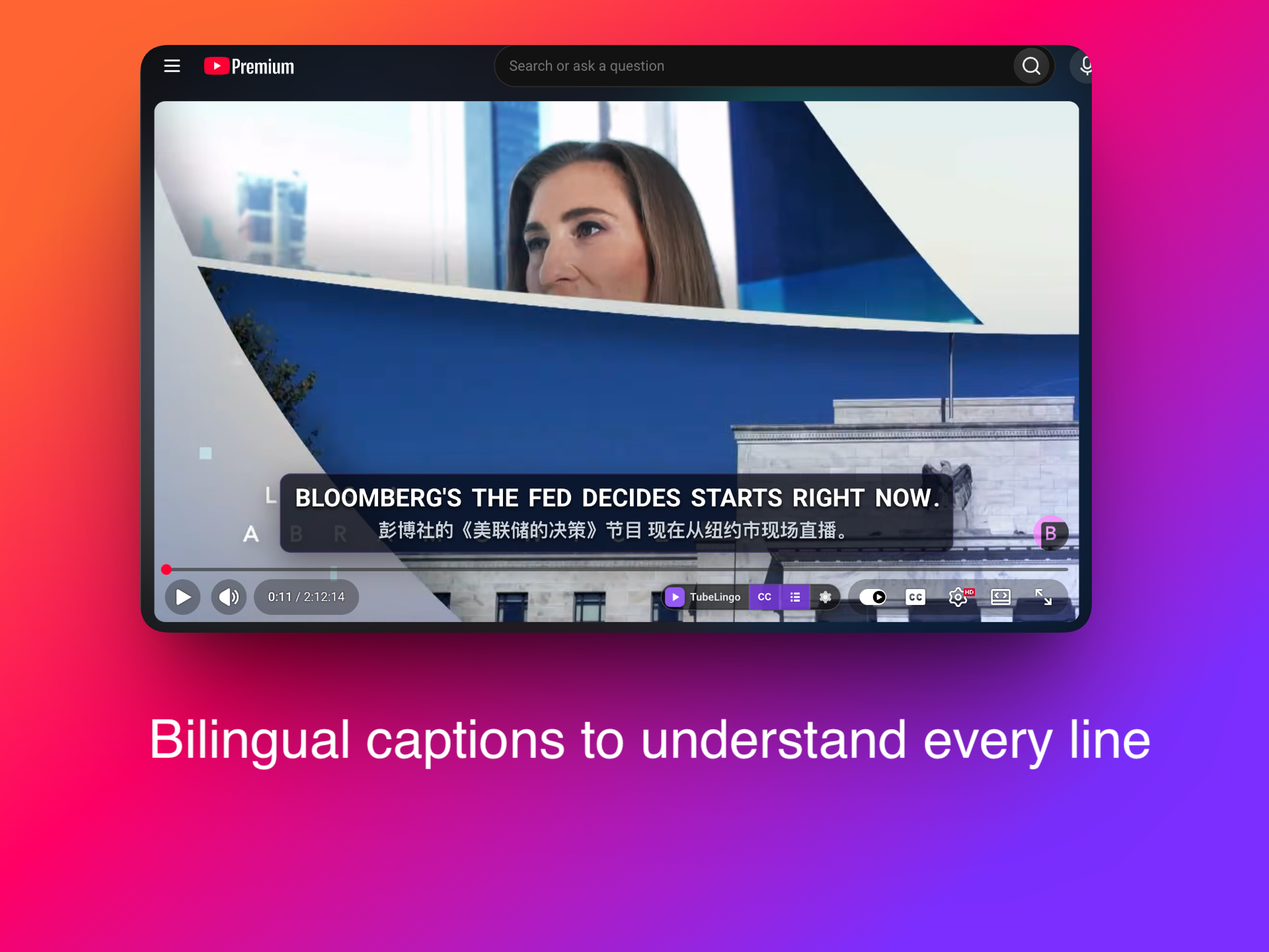 Bilingual captions displayed over a YouTube video