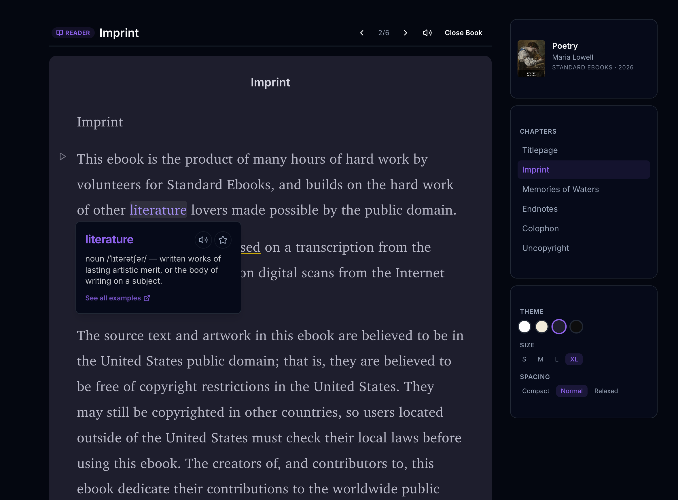 TubeLingo EPUB reader with in-place word lookup and reading controls