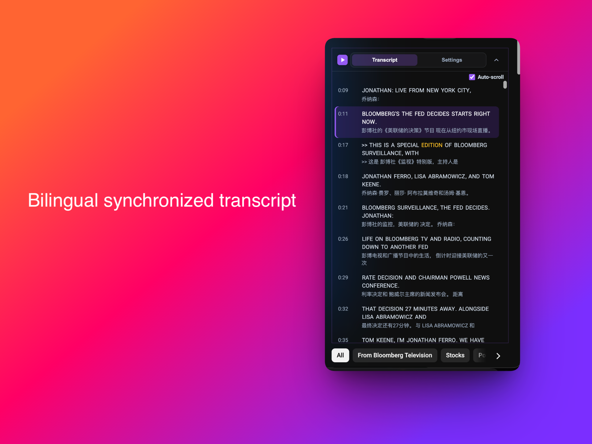 TubeLingo interactive transcript beside a YouTube video