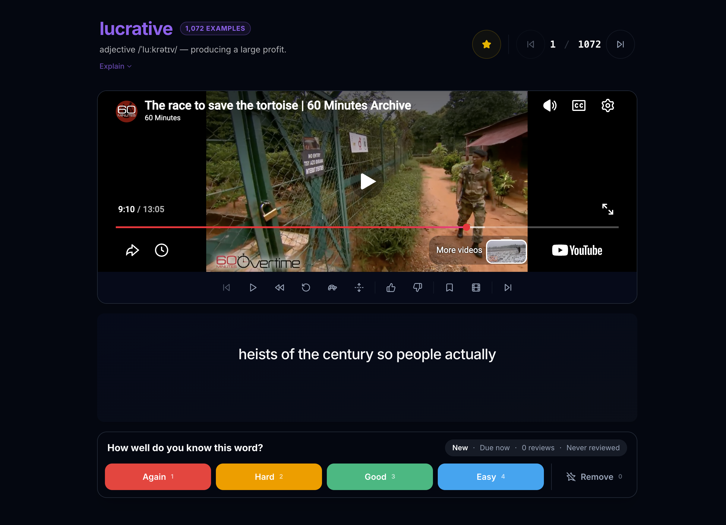 TubeLingo showing a word with pronunciation and real YouTube usage examples
